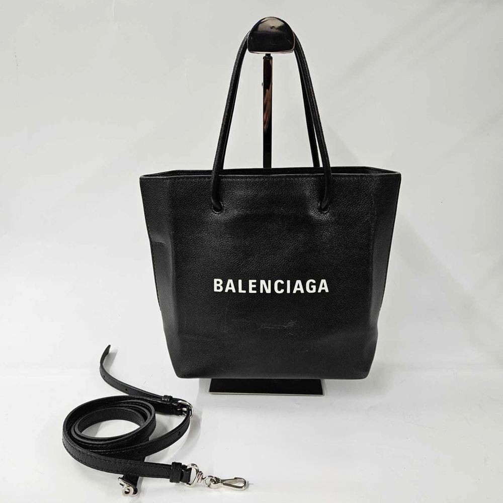 Balenciaga Black Leather shopping Tote with Logo and Shoulder Strap
